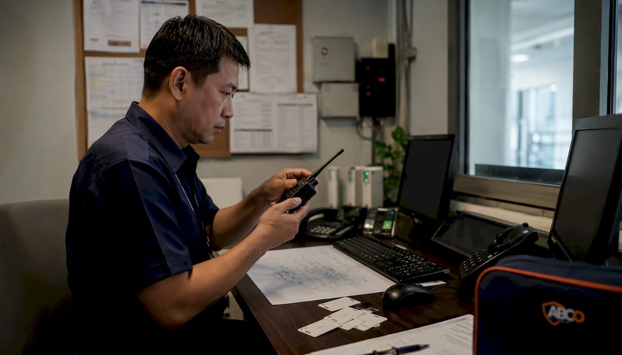 Hospital security systems: the 2026 guide for Australian facilities 9 Overhead of security desk with technician adjusting radio