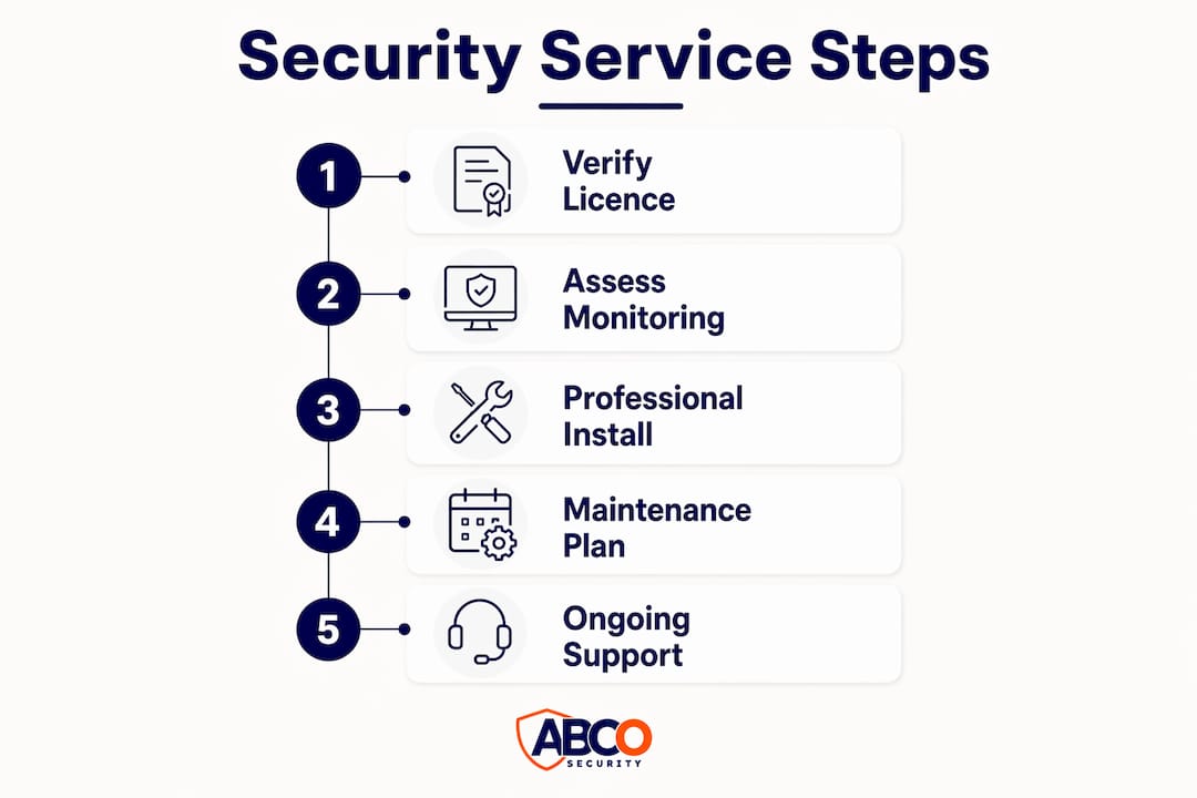 Security system companies for Australian homes and businesses 8 Infographic outlining security service process steps