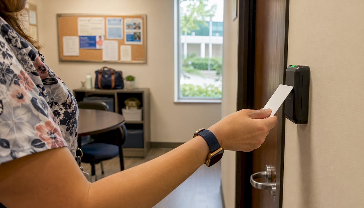 Hospital access control systems: the Australian guide 8 Hands swiping access card on hospital door reader