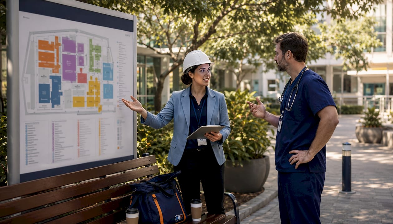 Hospital access control systems: the Australian guide 9 Staff reviewing hospital security zone map