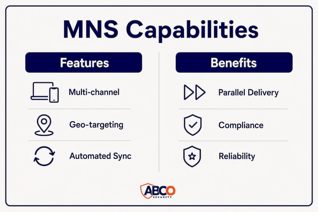 Best mass notification systems for Australian facilities 8 Infographic showing mass notification system capabilities and benefits