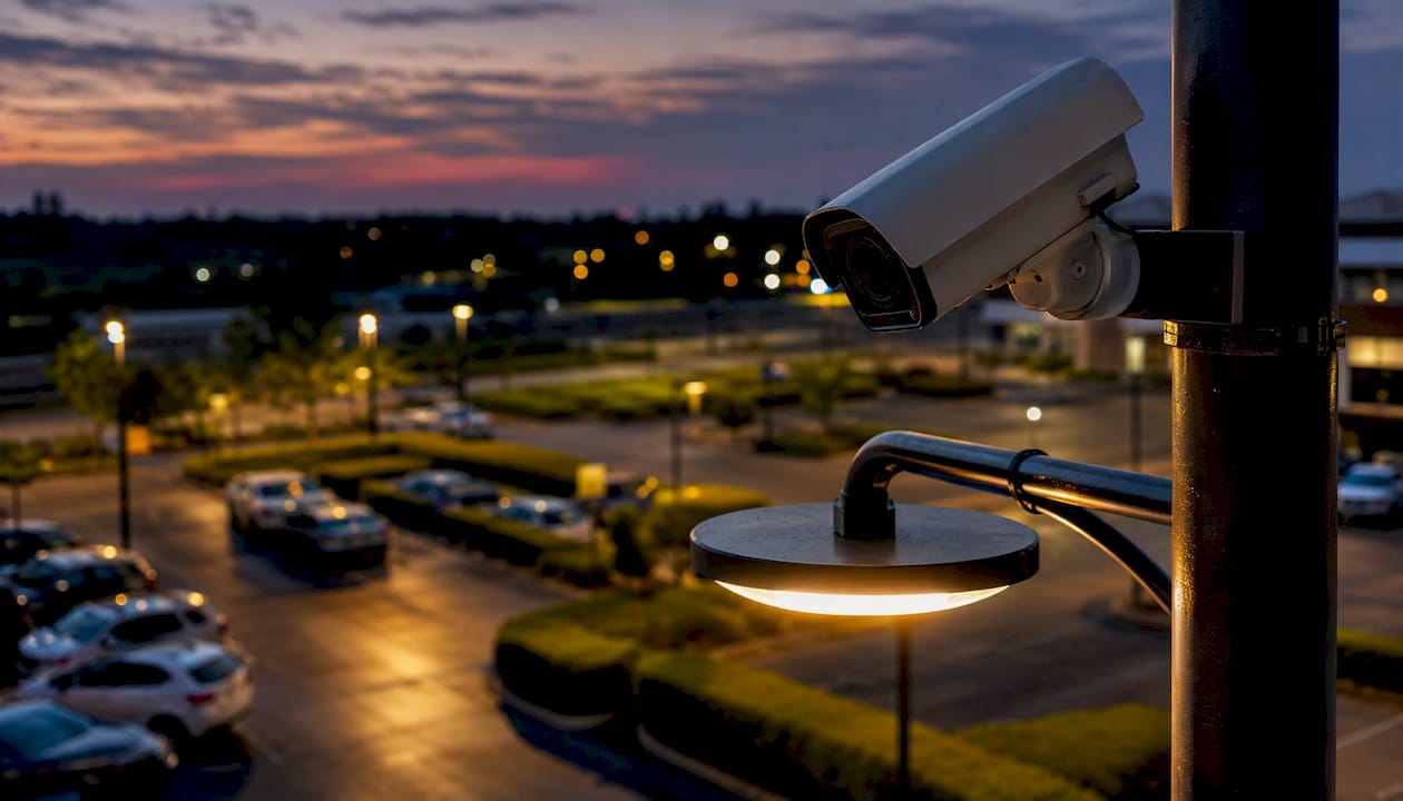 Car park security: the property manager's guide 8 CCTV camera under street lamp in car park