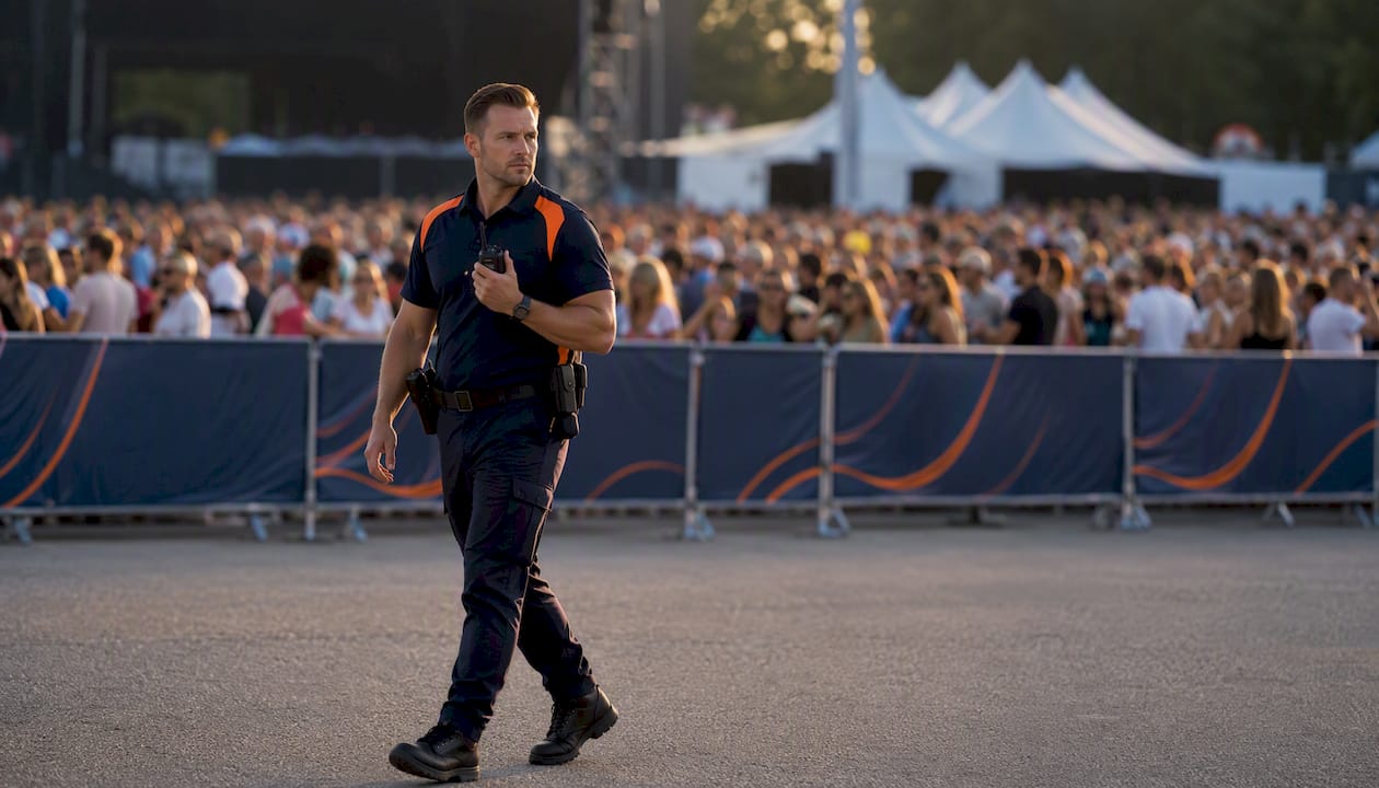 How many security guards do you need for an event? 9 Roving security guard on patrol at event perimeter