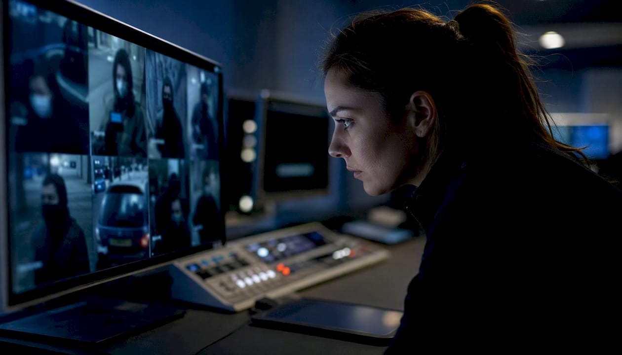 CCTV privacy masking: a configuration guide for security pros 10 Technician viewing dynamic privacy masking on surveillance monitor