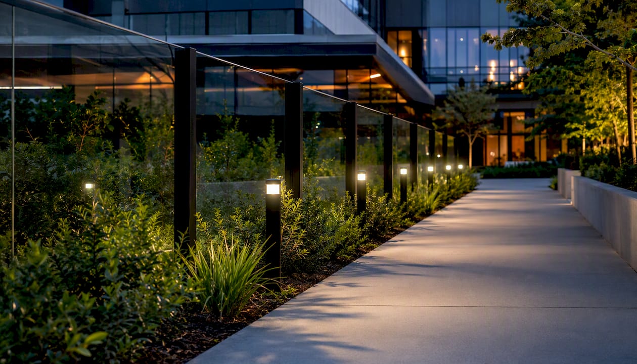 CPTED principles for designing safer public spaces 9 Pedestrian path with safety lighting and transparent fencing