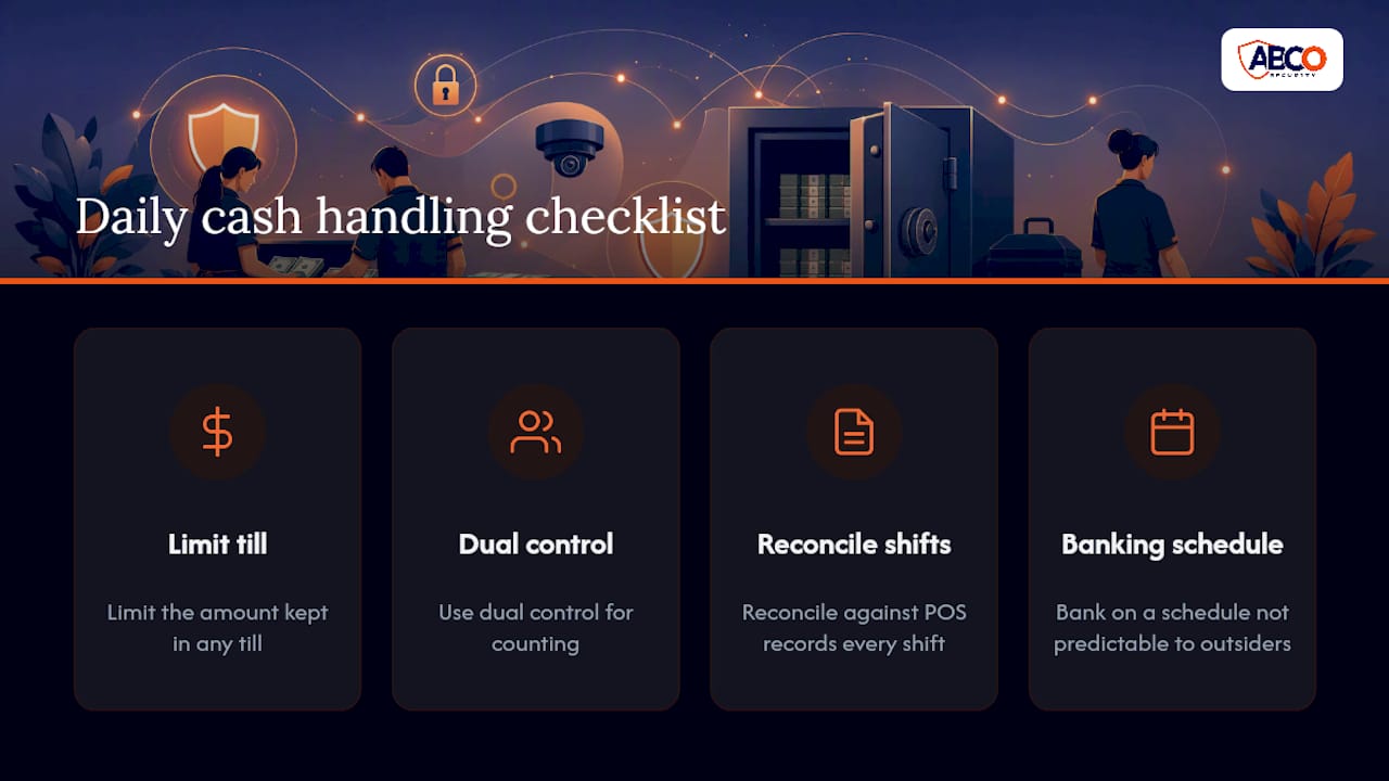 Cash handling security: a practical checklist for owners 11 Daily cash handling security checklist infographic