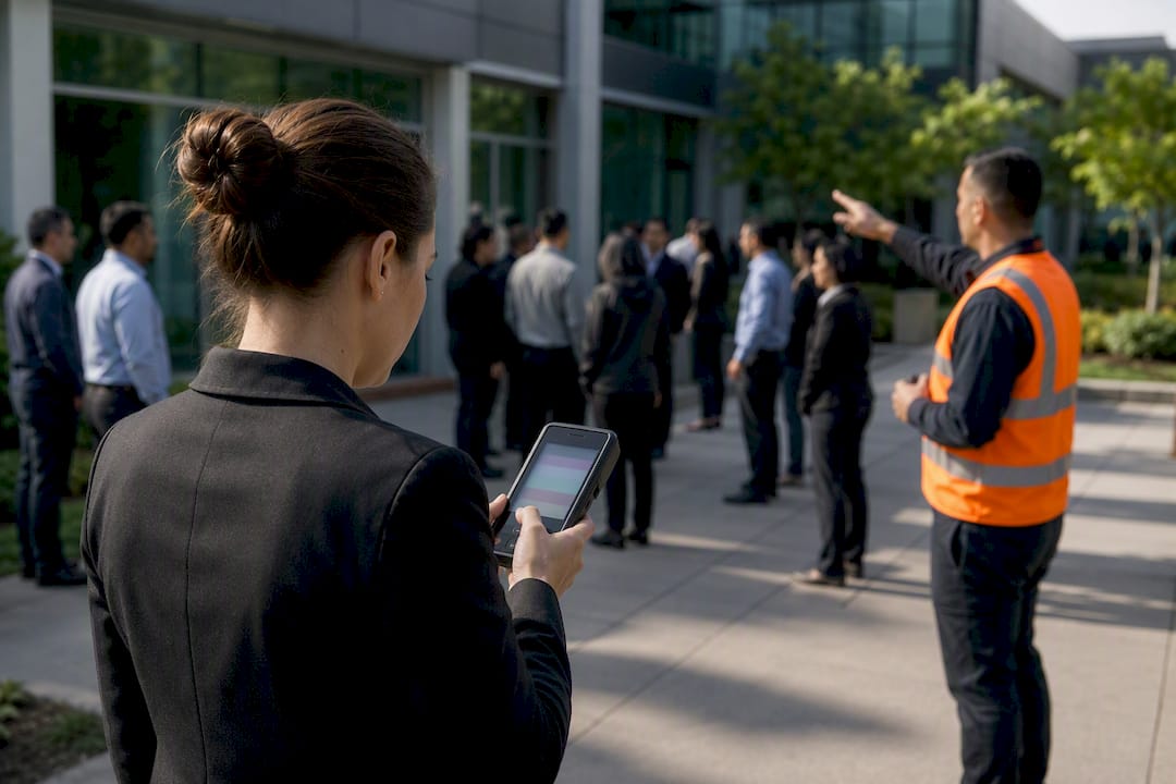 3 Reception Security Priorities for Facility Managers to Meet WHS 9 Receptionist checking visitor headcount during evacuation