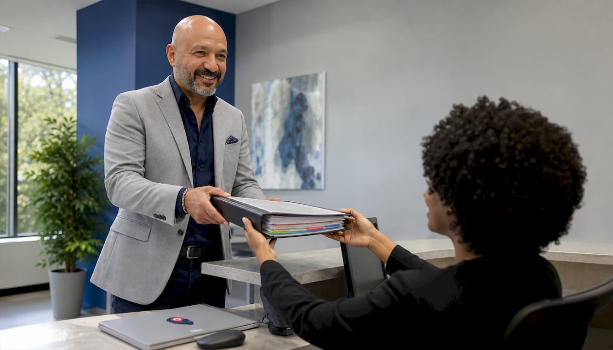 Man submitting mortgage documents at lender office