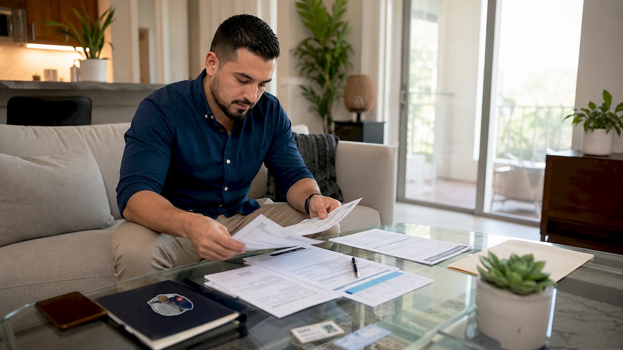 Hands sorting mortgage pre-approval paperwork on counter