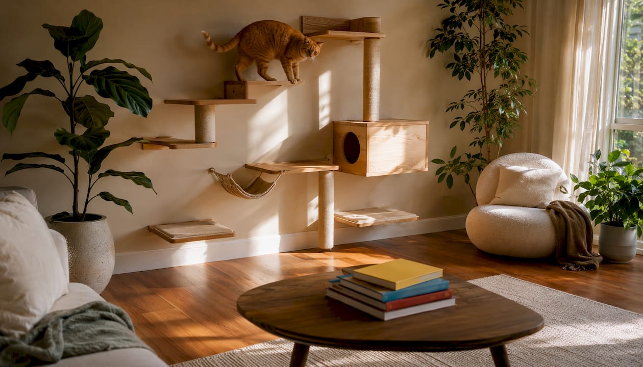 Wall-mounted modular cat tree in modern room