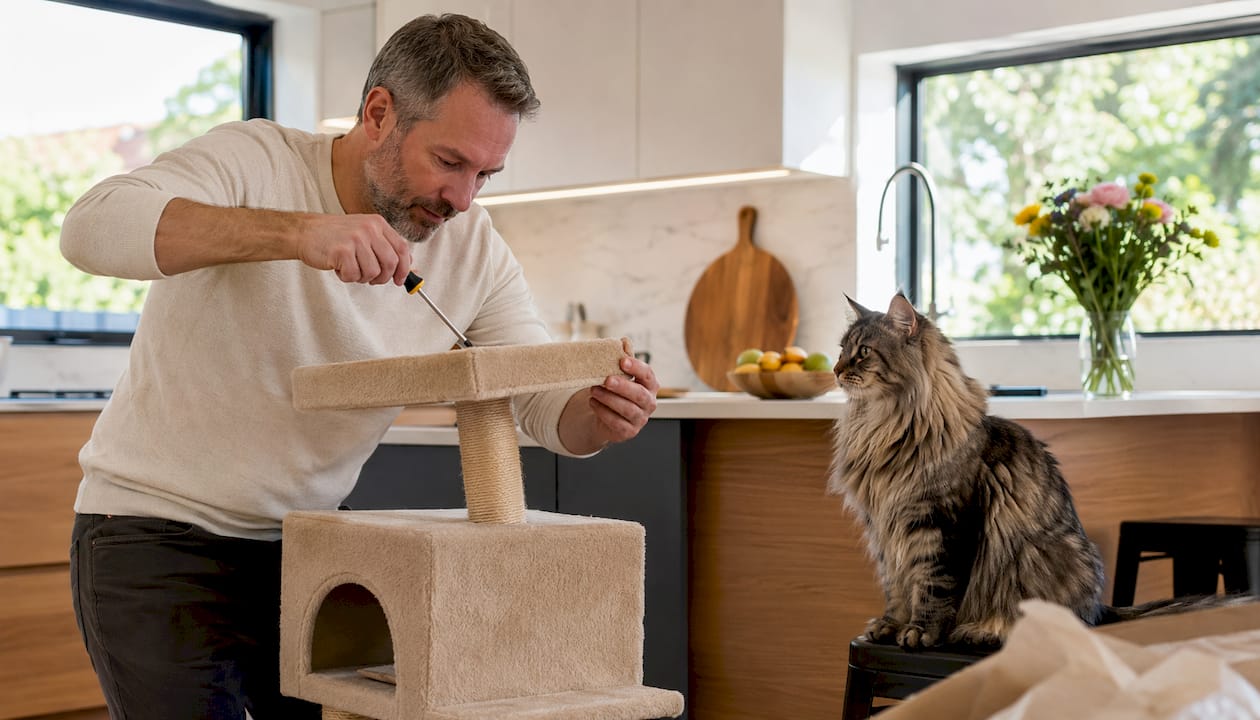 Man assembling luxury large cat tree at home