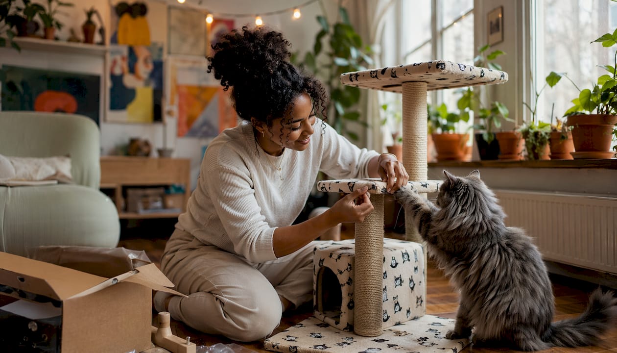 Woman unpacking affordable cat furniture at home