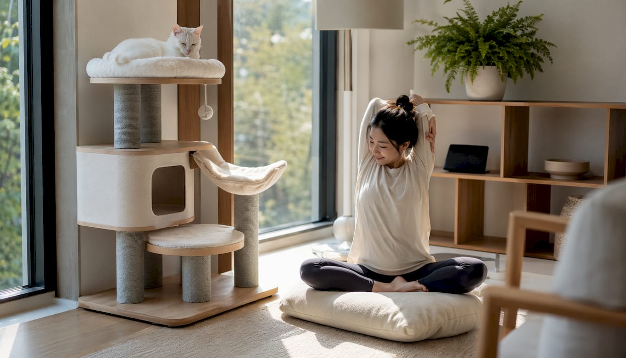 Minimalist home corner with designer cat tree and woman