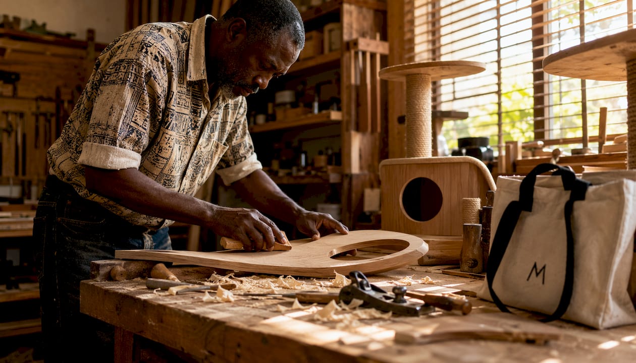 Artisan sanding wooden cat tree parts in workshop