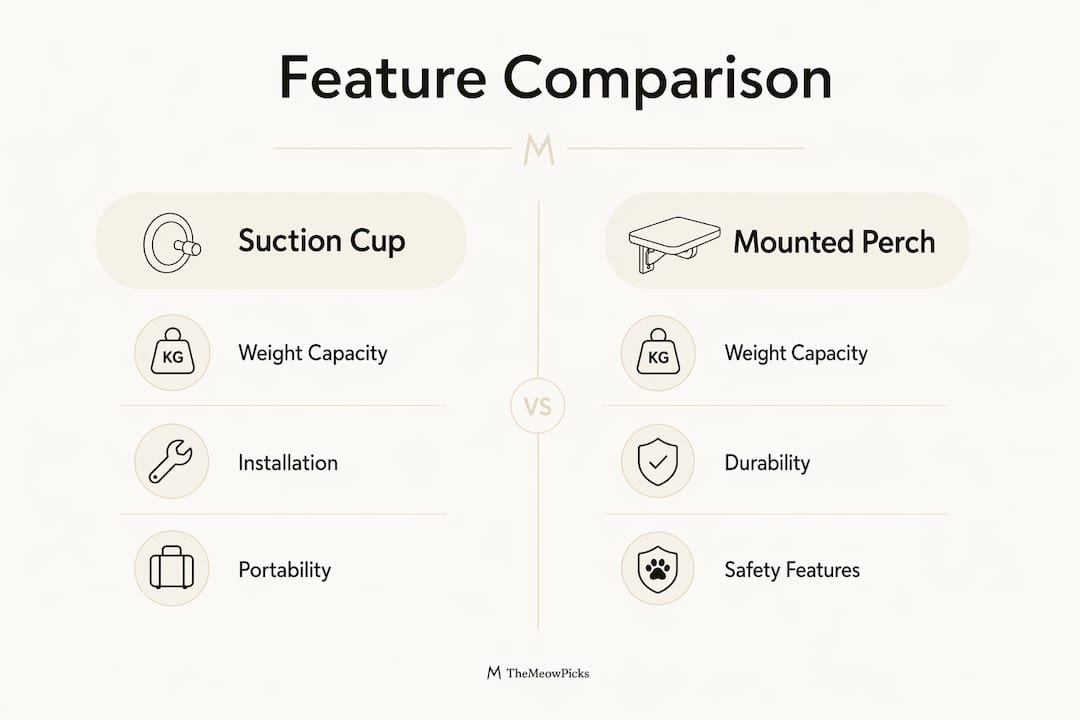 Infographic comparing suction cup and mounted cat window perches