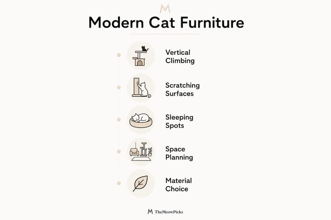 Infographic illustrating modern cat furniture types and considerations