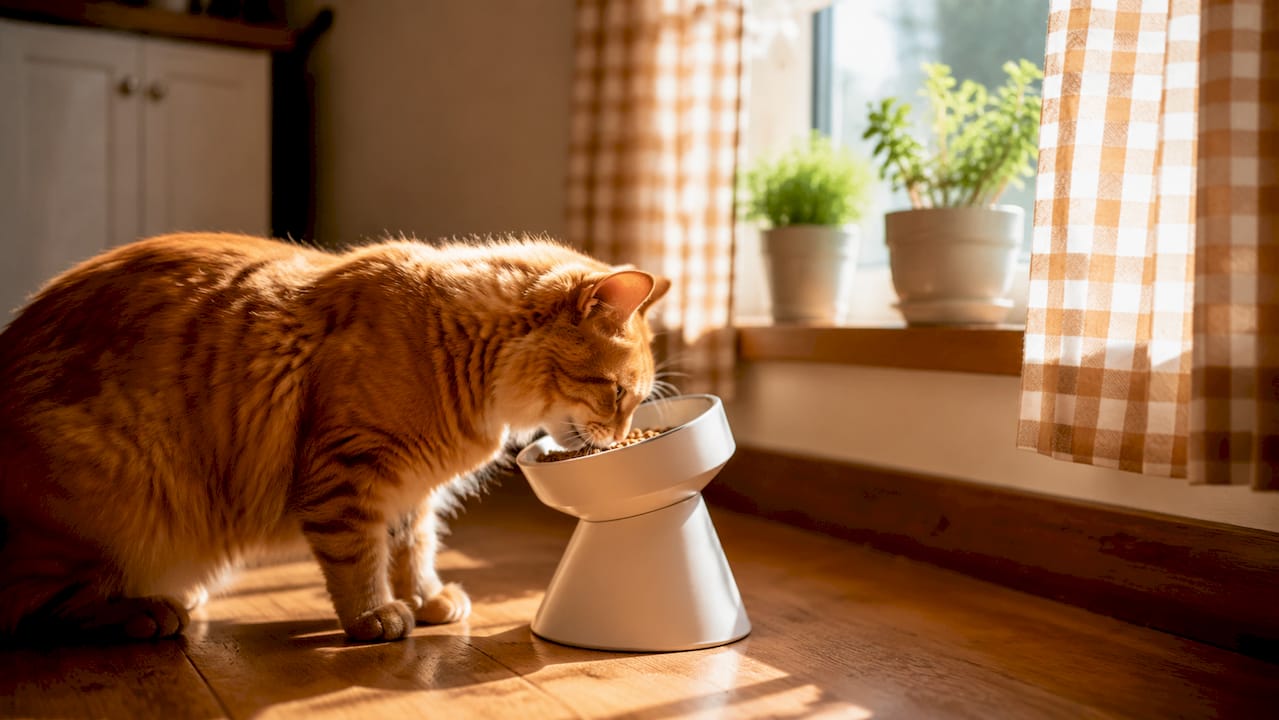 Side view of cat eating from raised tilted bowl indoors