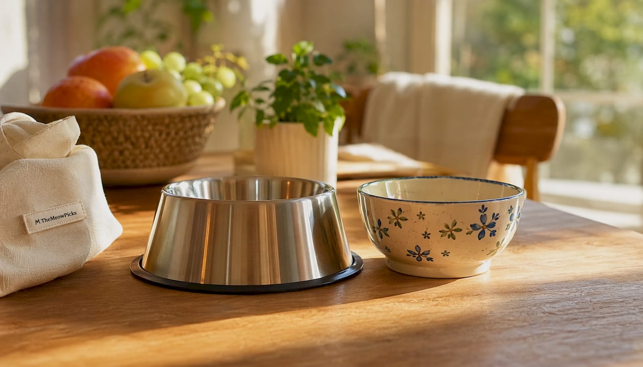 Stainless steel and ceramic cat bowls side by side