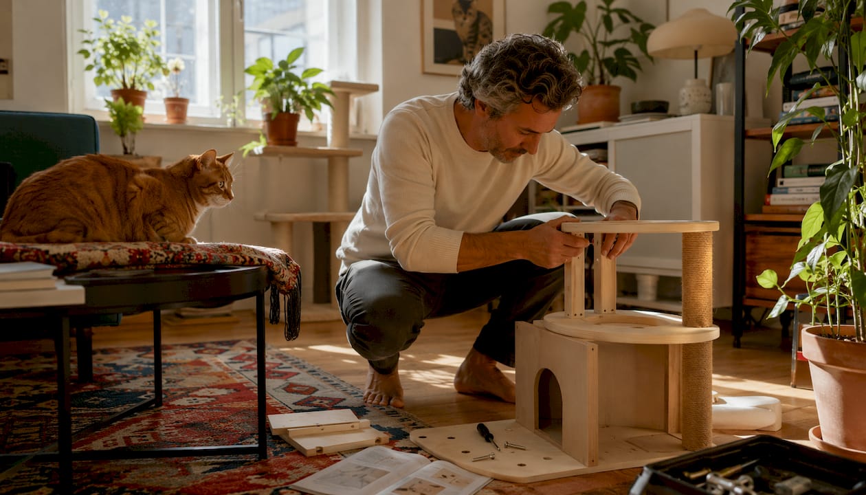 Man assembling cat side table at home with cat