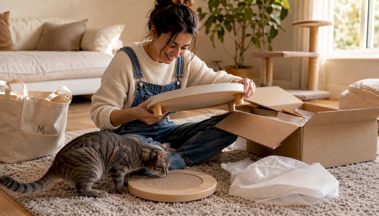 Woman unpacking cat side table with curious cat nearby