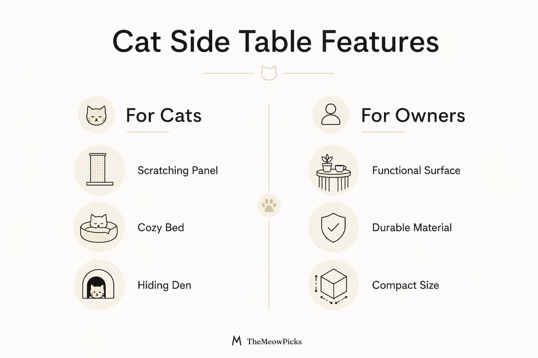 Infographic showing cat side table features for cats and owners