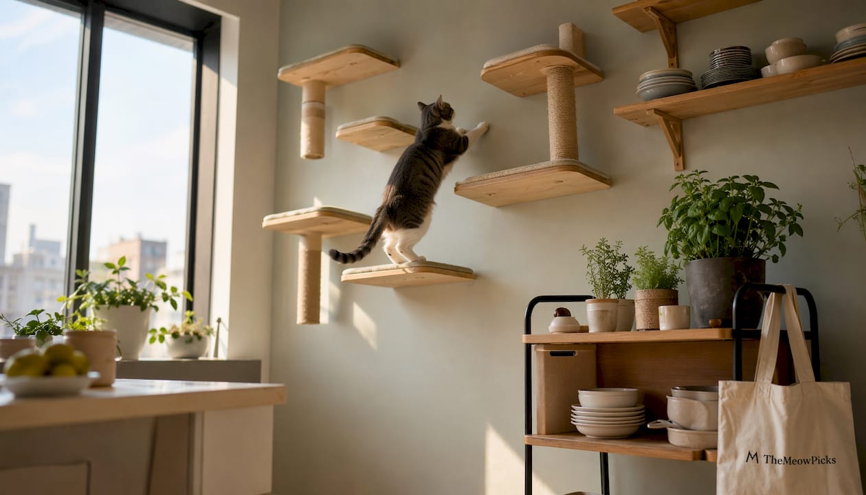 Wall-mounted cat shelves with climbing black cat