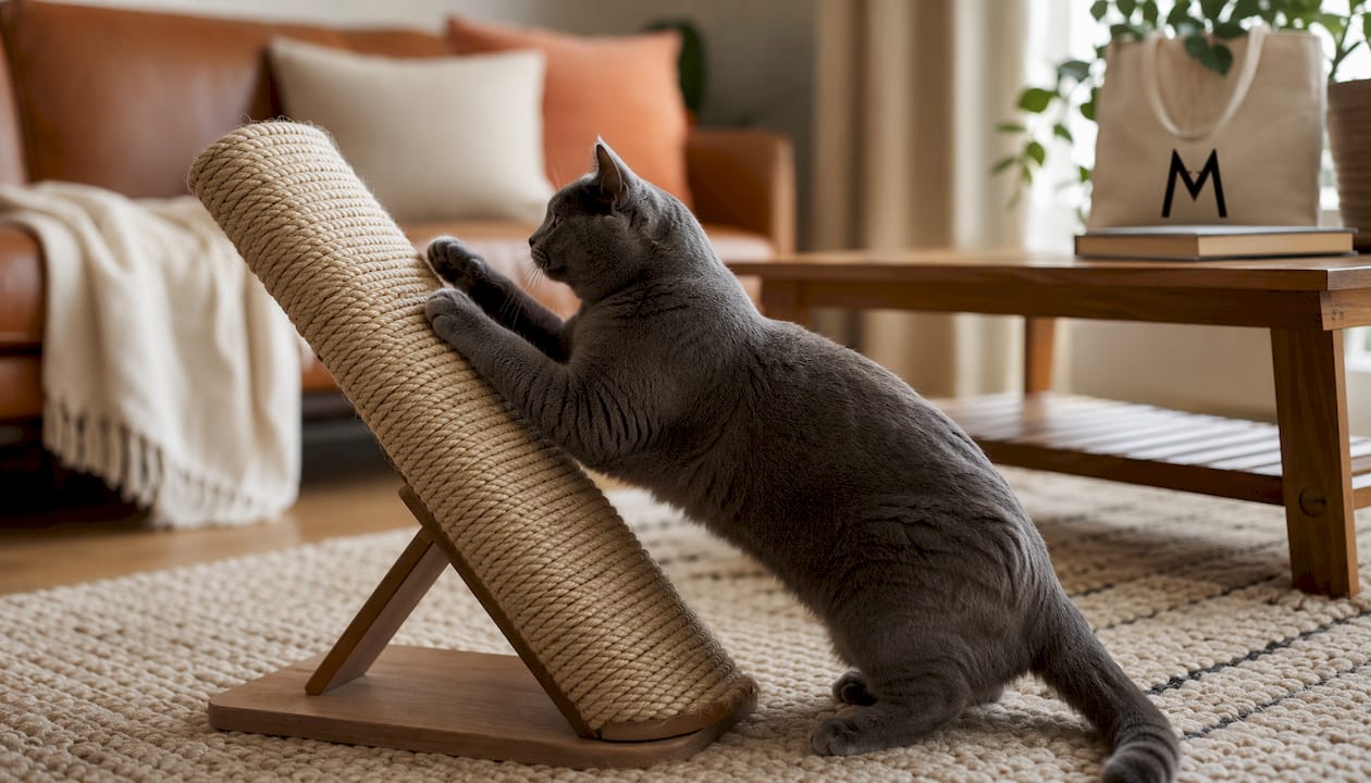 Grey cat scratching sisal rope angled scratcher indoors