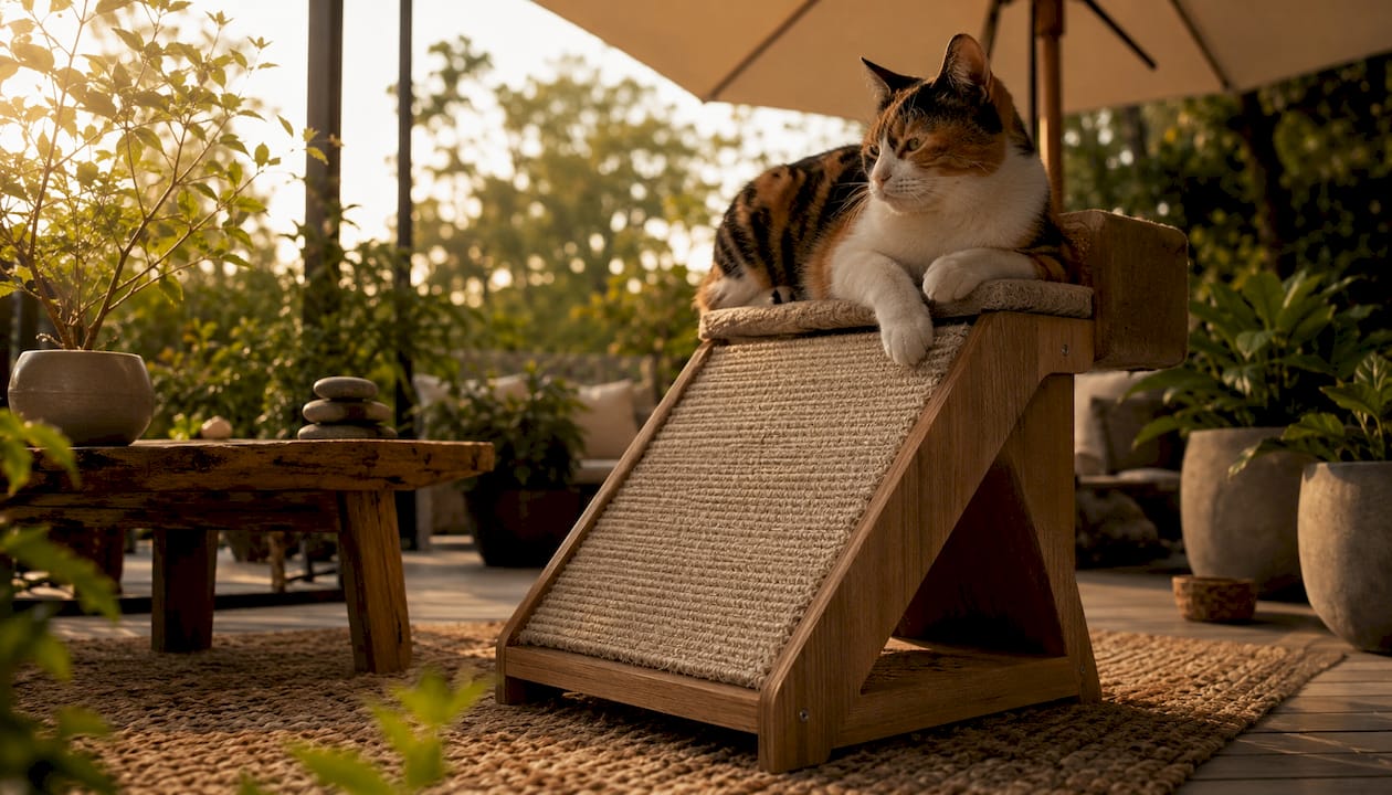 Calico cat resting on carpeted wood angled cat lounger