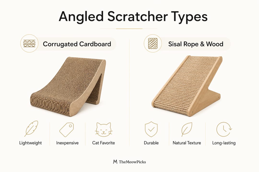 Infographic comparing corrugated cardboard and sisal rope angled cat scratchers