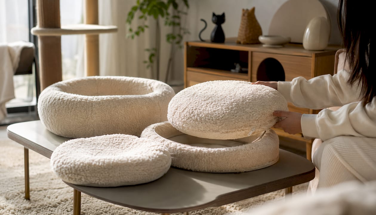 Hand touching removable cushion on bouclé cat bed in store
