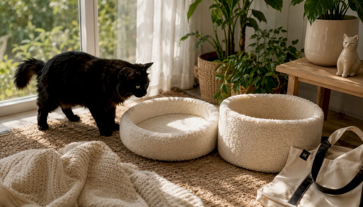 Black cat inspecting two bouclé cat beds with different side heights in home corner