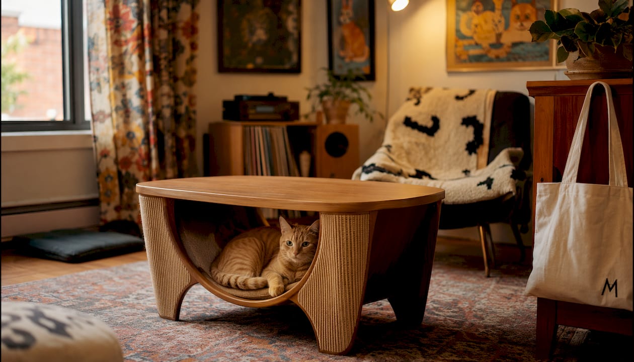 Cat lounging in hammock integrated into coffee table