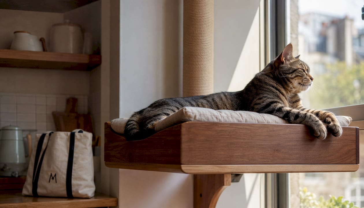 Large tabby cat resting on modern wall perch
