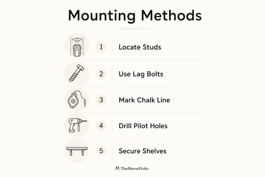 Infographic illustrating mounting method steps for large cat shelves