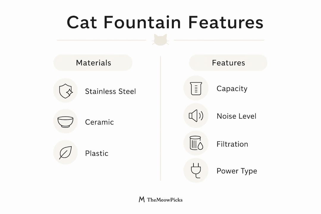 Infographic comparing cat fountain materials and features