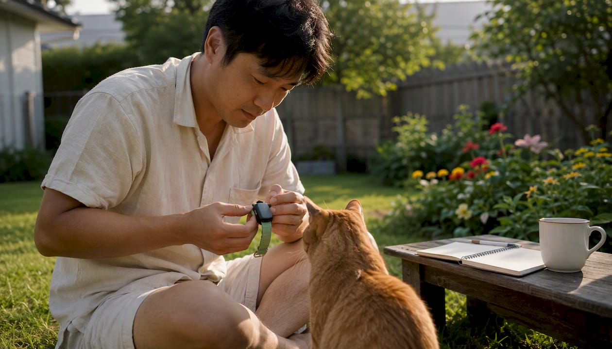 Hands attaching cellular GPS tracker to cat collar