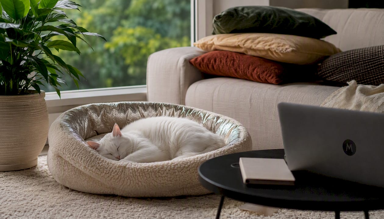 Cat sleeping in self-warming bed
