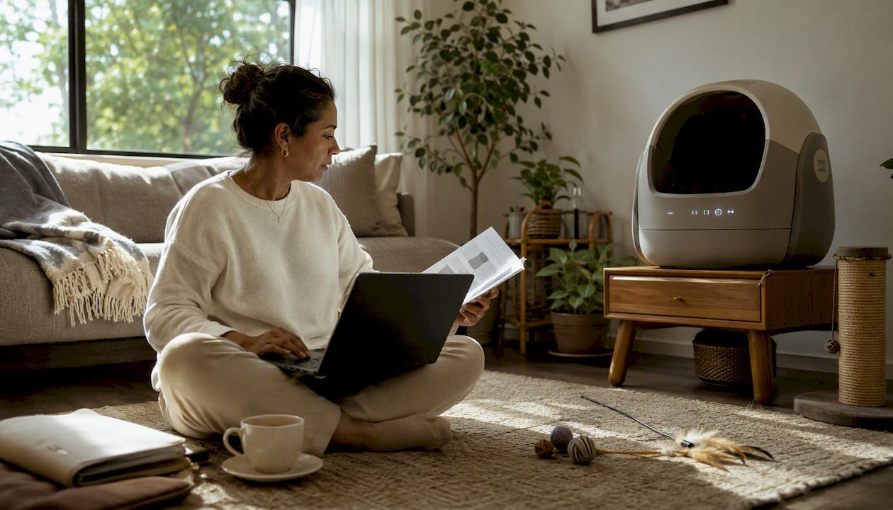 Woman evaluating litter box noise and maintenance factors