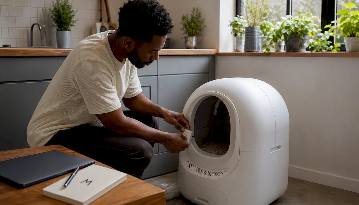 User installing PetKit Pura Max automatic litter box