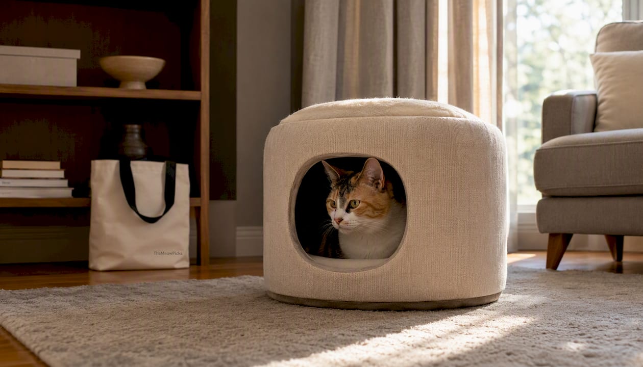 Calico cat inside orthopedic enclosed cat house bed