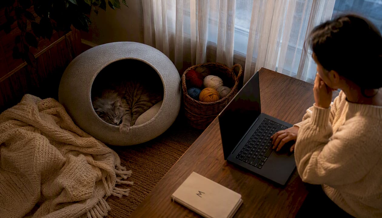 White cat curled inside round heated orthopedic cat cave bed