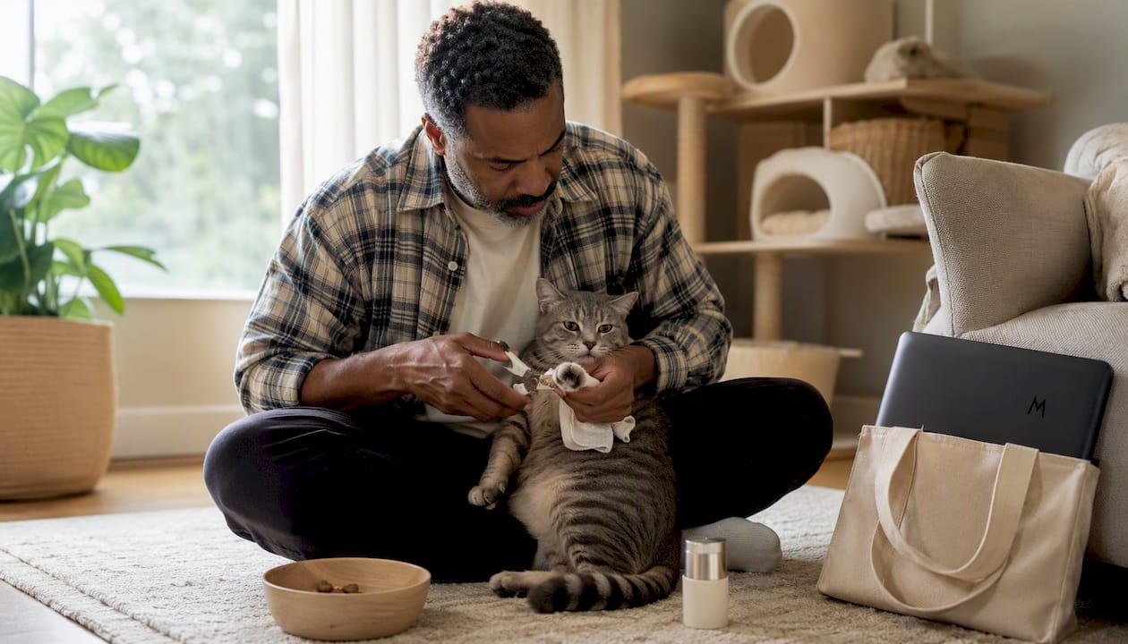 Man safely trimming nails of calm grey tabby