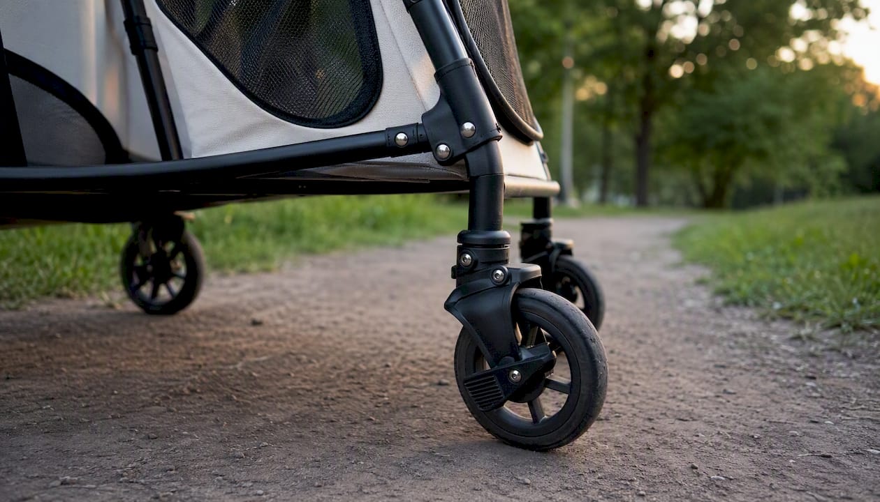 Rigid stroller frame and lockable front wheel detail