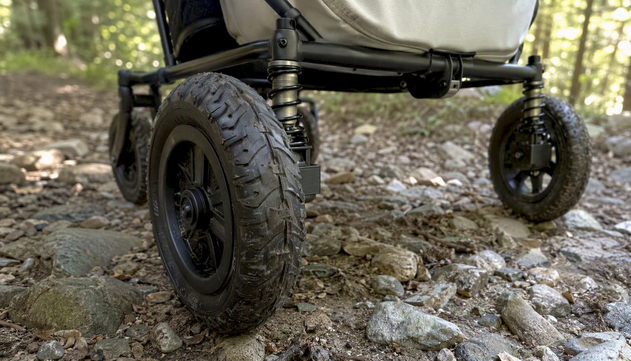 Air-inflated stroller tires on gravel trail
