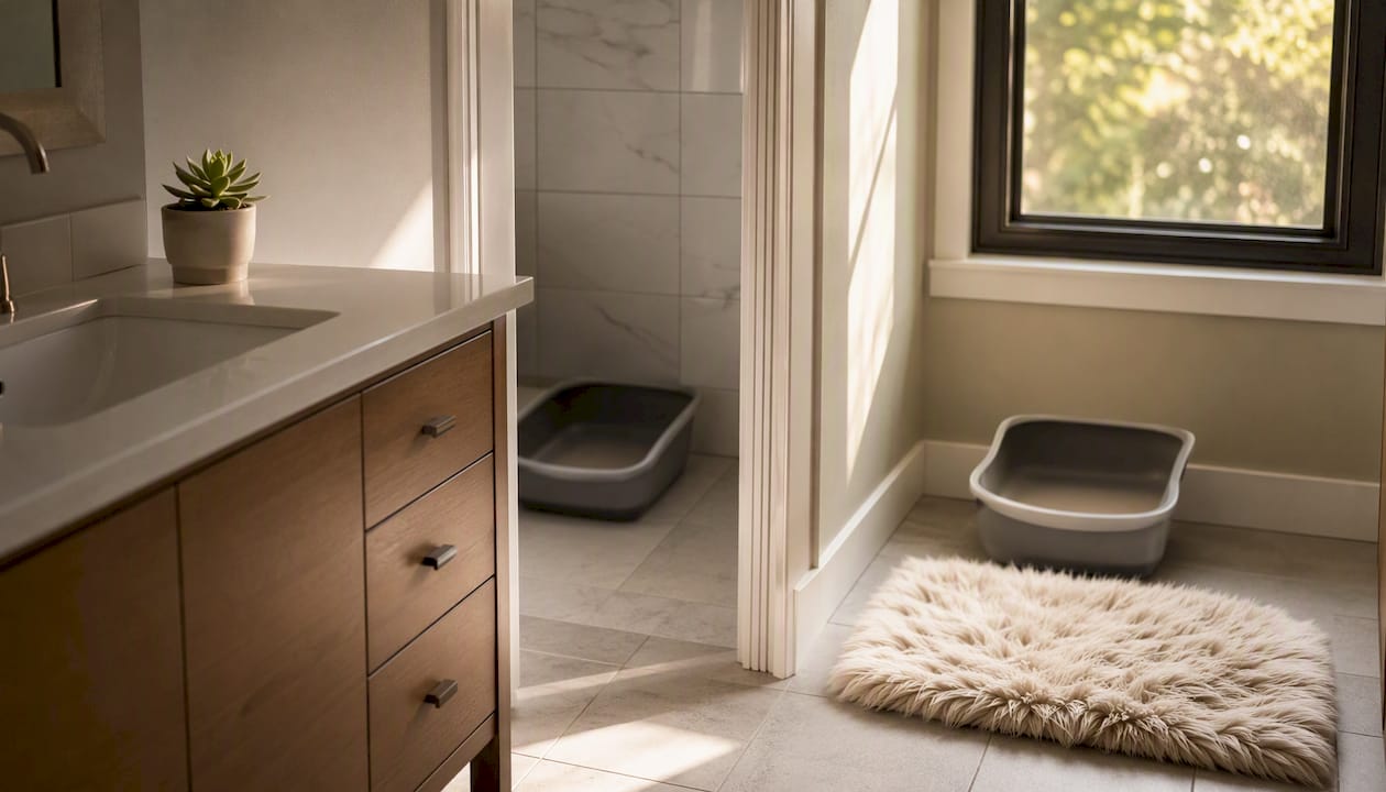 Two separate litter boxes placed in different home rooms