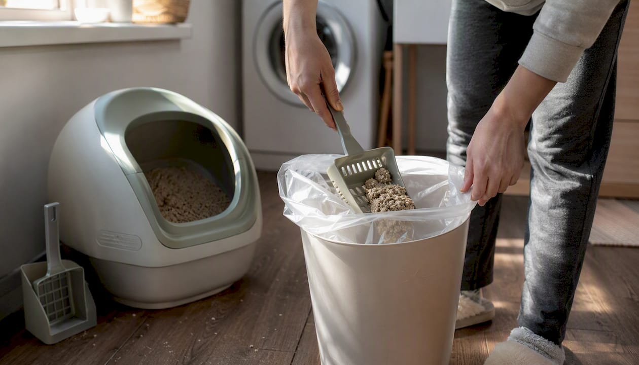 Hands scooping litter from automatic box