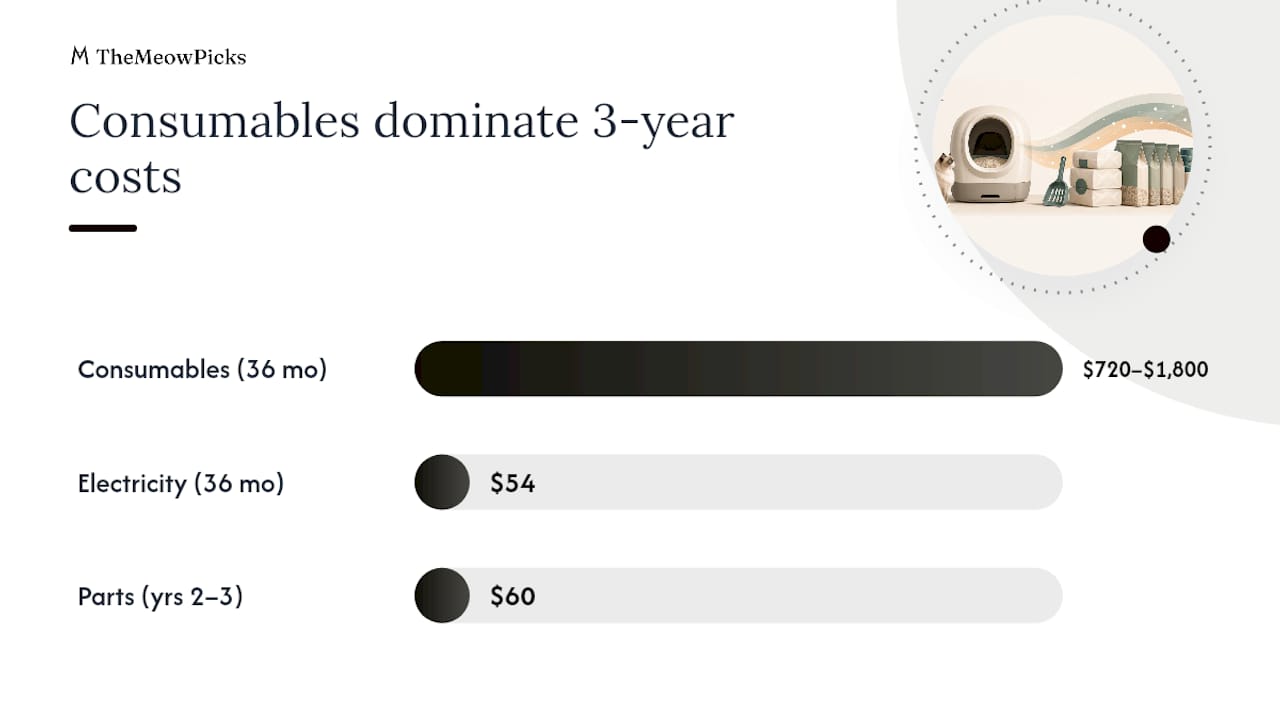 Diagram of three-year total cost of ownership for automatic litter boxes