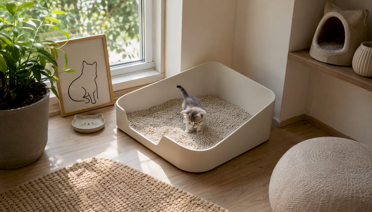 Open low-entry litter box in home corner