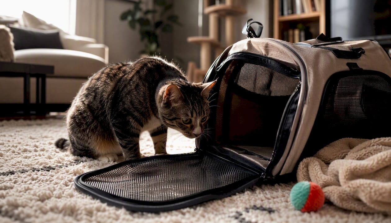 Cat curious about open backpack carrier indoors