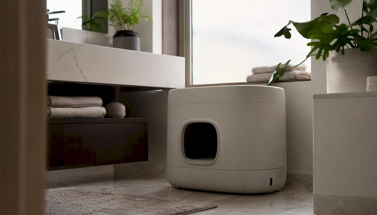 Designer cat litter enclosure blending into home decor